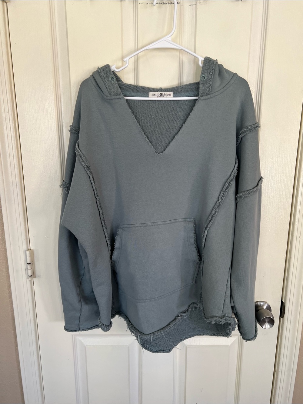Natural Life Oversized Hooded Pullover Sweatshirt L/XL Blue/Green Raw Hem Boho